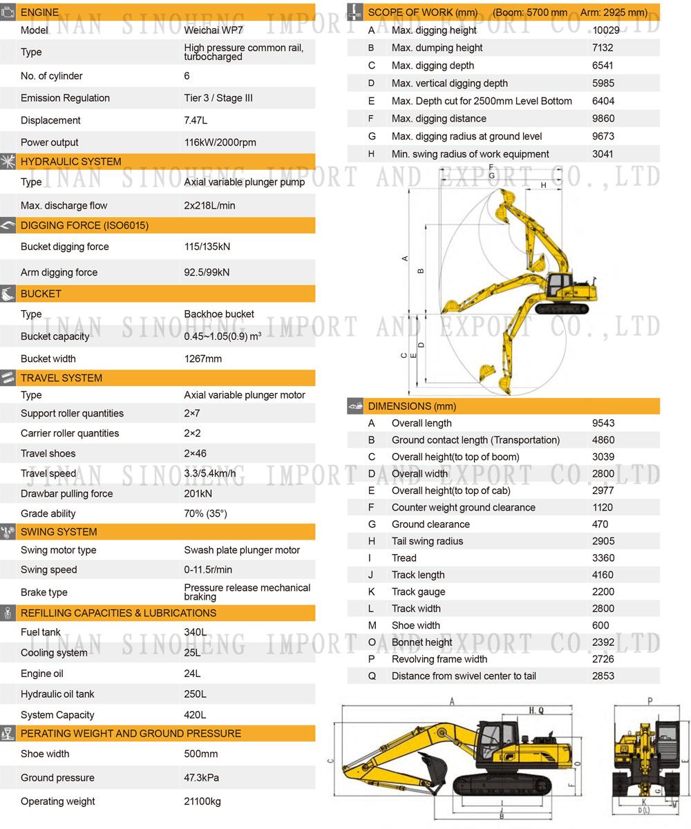 China Excavator Se215 Operating Weight 21200kg Mediun-Sized