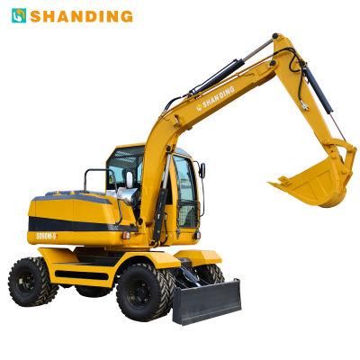 Shanding Factory 9t Wheeled Excavator Digger with Lifting Cab Function Ensures Wide Vision SD90W-9t
