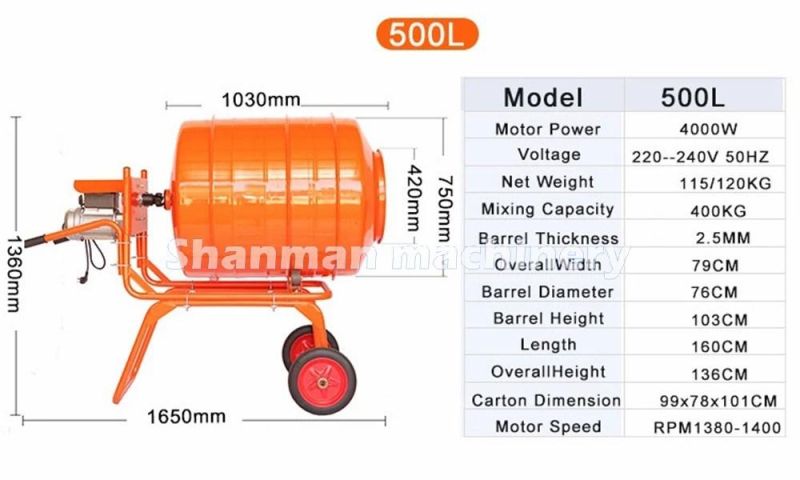 350L Hand Push Mixer Machine Concrete Price