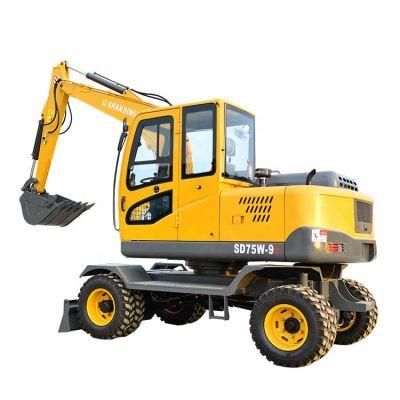 Shanding Factory 7 Ton Small Wheeled Excavator Digger Price China for Sale Cheap Price Model SD75W-9t