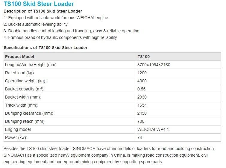 New Sinomach Skid Steer Loader Loader Ts100 Hot Sale