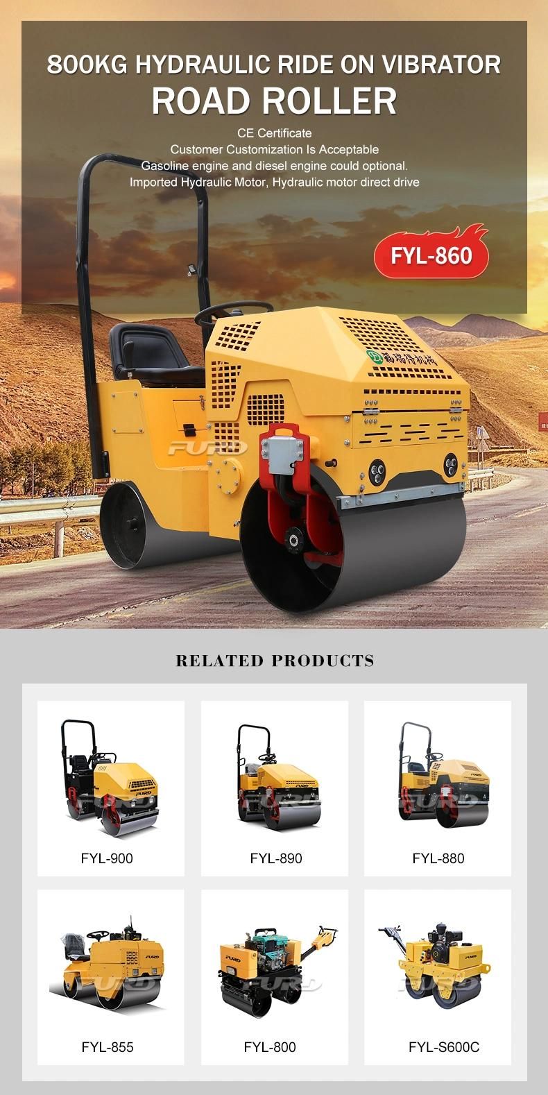 High Efficient 800kg Vibratory Riding on Double Steel Wheel Road Roller