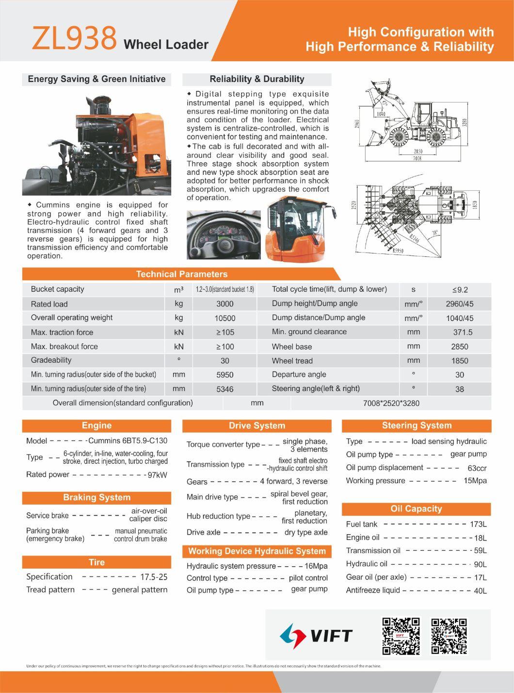 Chinese Loader Flexible 3000kg Locading Capacity Wheel Loader CE Certificate