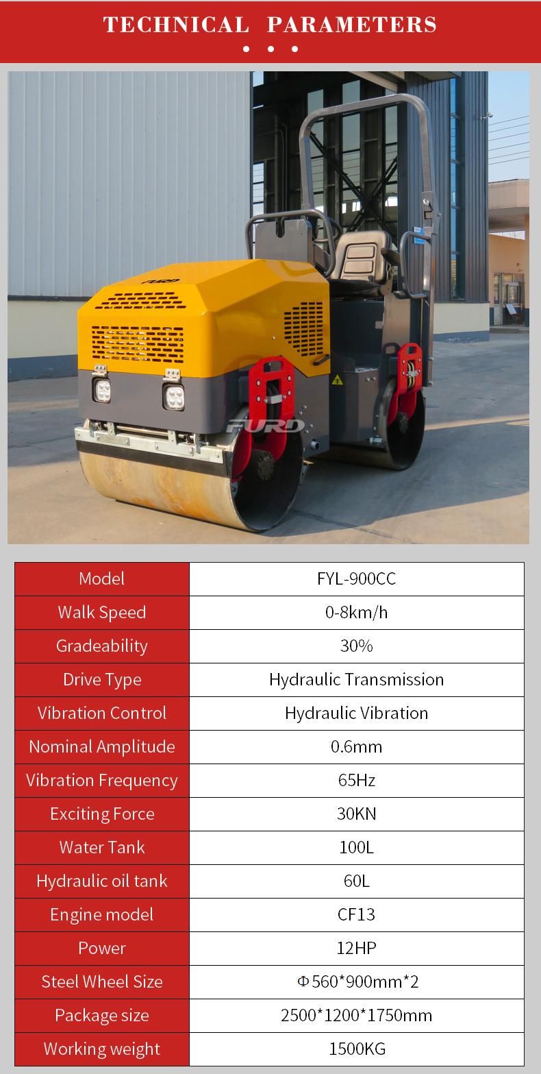 1.5t Ride on Hydraulic Vibratory Double Drum Road Roller Fyl-900cc