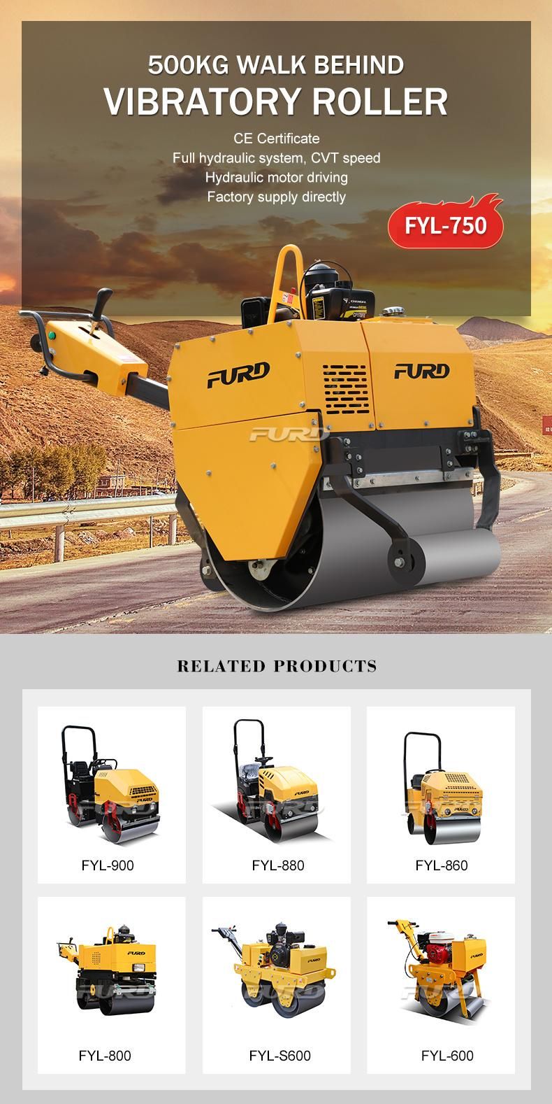 Excellent Quality 500kg Walk Behind Smooth Drum Vibratory Furd Road Roller