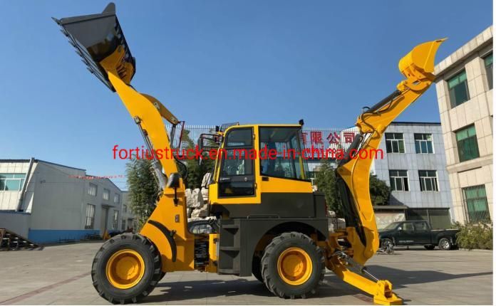 Fortius 4X4 2axles 1.5cbm Compact Backhoe Wheel Loader 0.3cbm Backexcavator with Articulated Full Hydraulic Steering New Construction Machinery Hot Sale