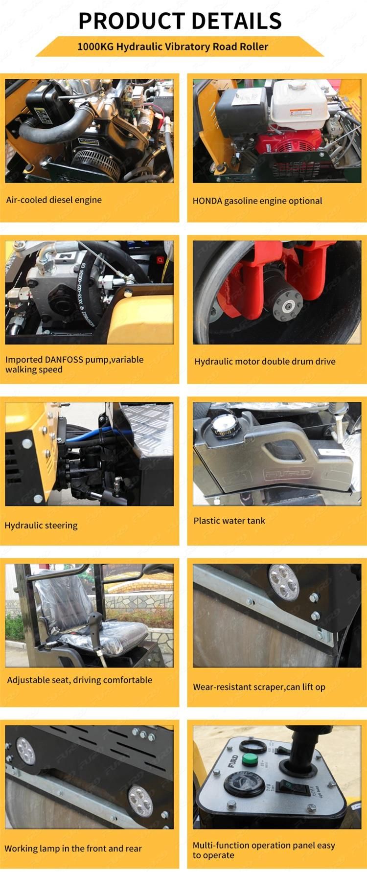 1-Ton Double Drum Mini Compactor Roller Vibrator Road Roller with Diesel Motor