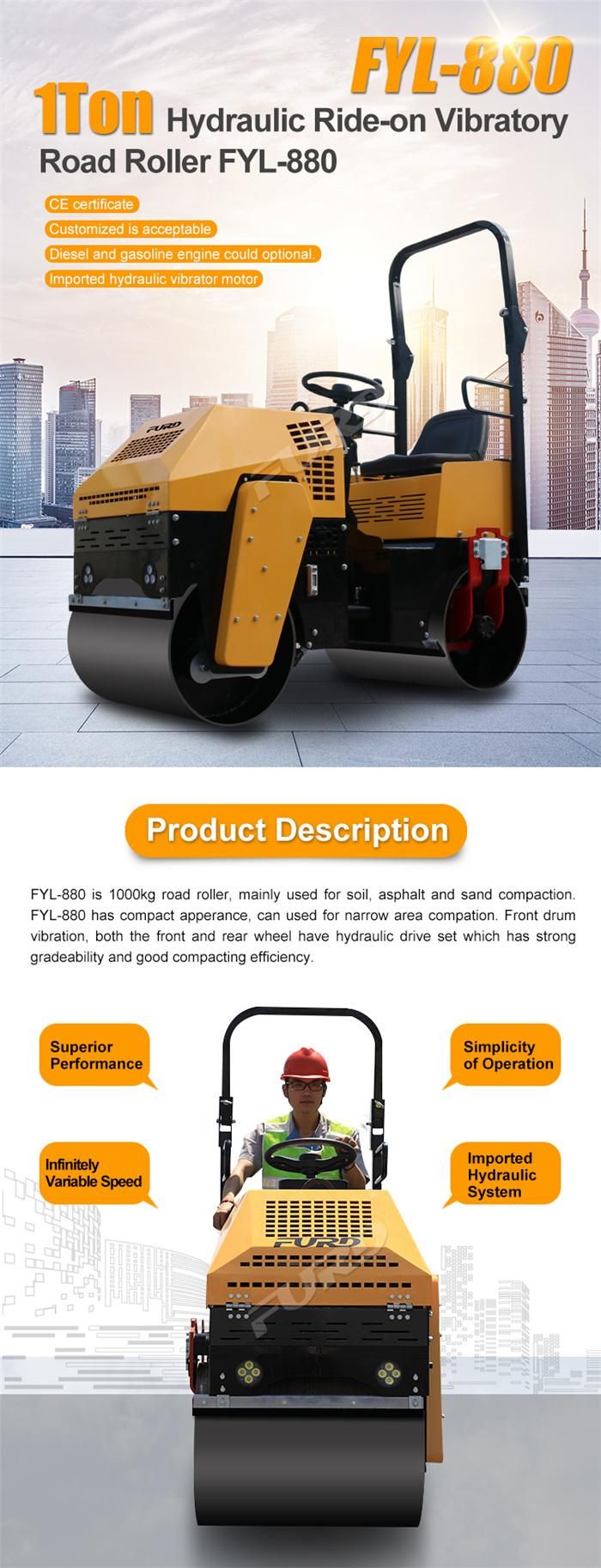 1 Ton Vibration Drum Roller Tandem Road Roller with High Quality