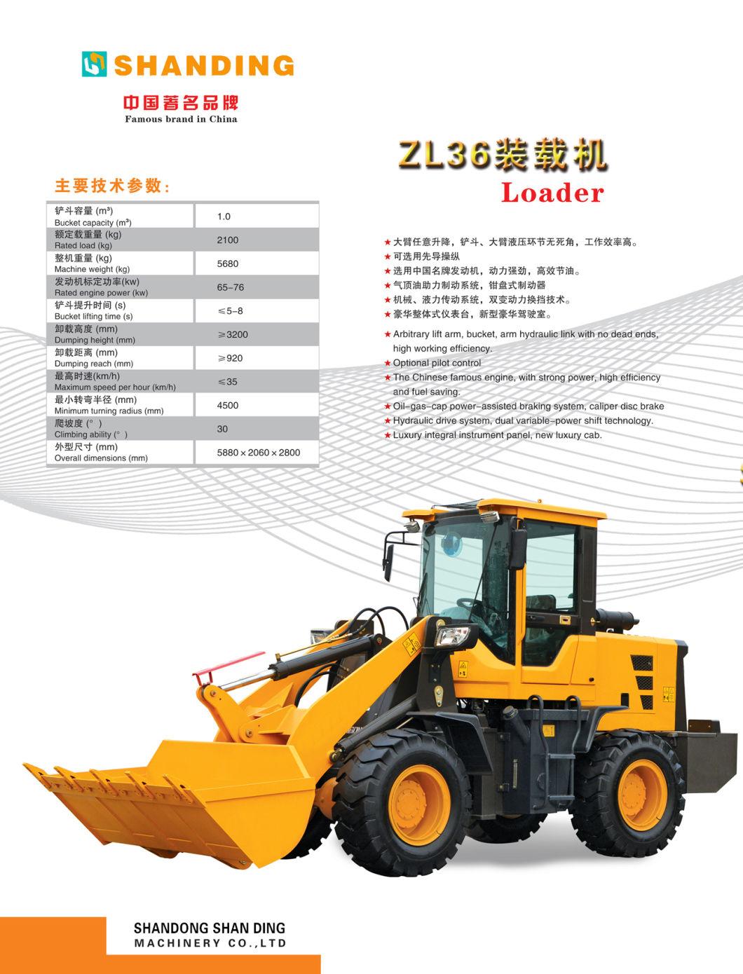 Shanding Zl36 Cheap Front End Wheel Loader for Sale Small Loader 2 Ton Wheel Loaders