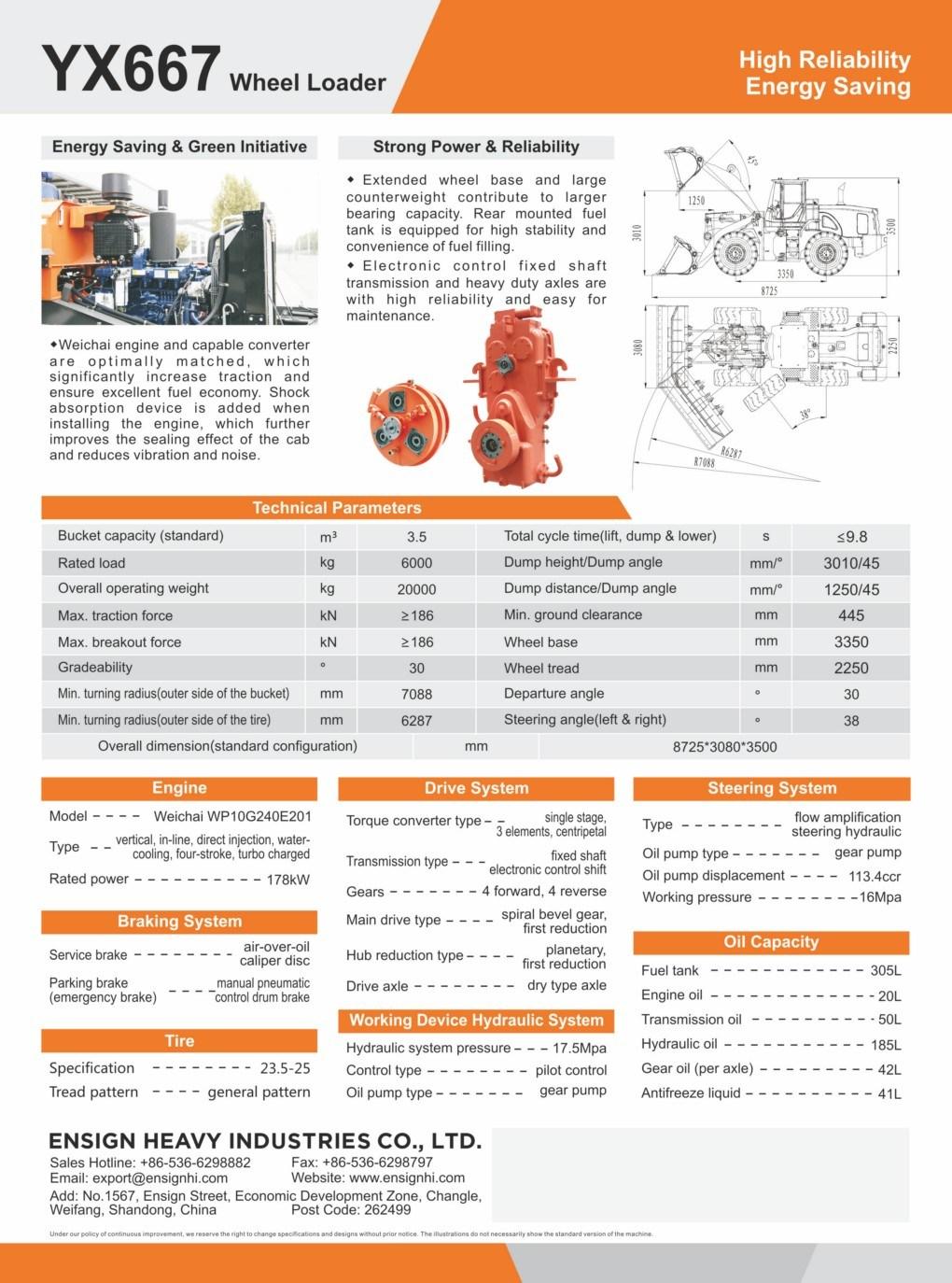 Engineering and Construction Machinery Ensign6 Ton Wheel Loader Yx667