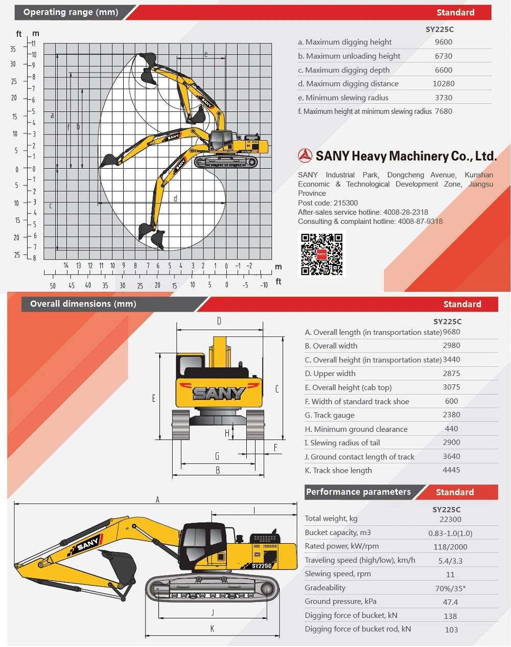 SANY SY225C 20Ton Digger Price of Hydraulic Excavator