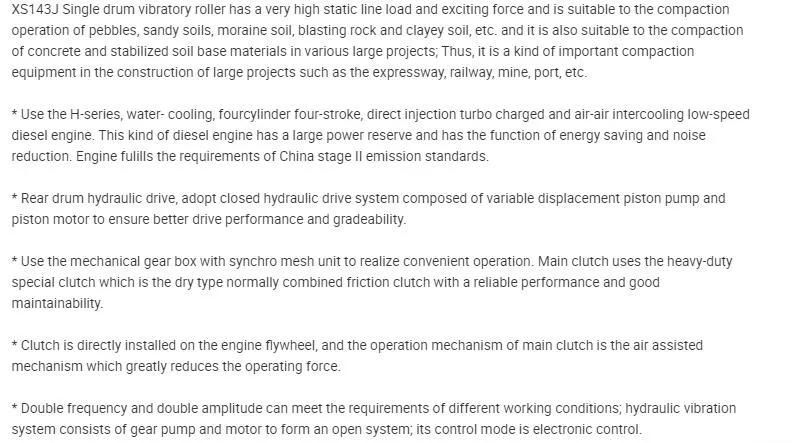 14t Single Drum Vibratory Road Roller/Compactor 14ton 16tons 18ton 20ton 26ton 30ton Roller Xs143j/Xs183j/Xs113e/Xs123/Xs133/Xs143