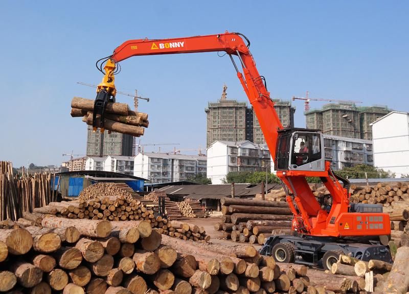 China BONNY BHW35-8 35 Ton Wheel Hydraulic Material Handler with Rotational Wood Grab/ Log Grab/ Timber Grab