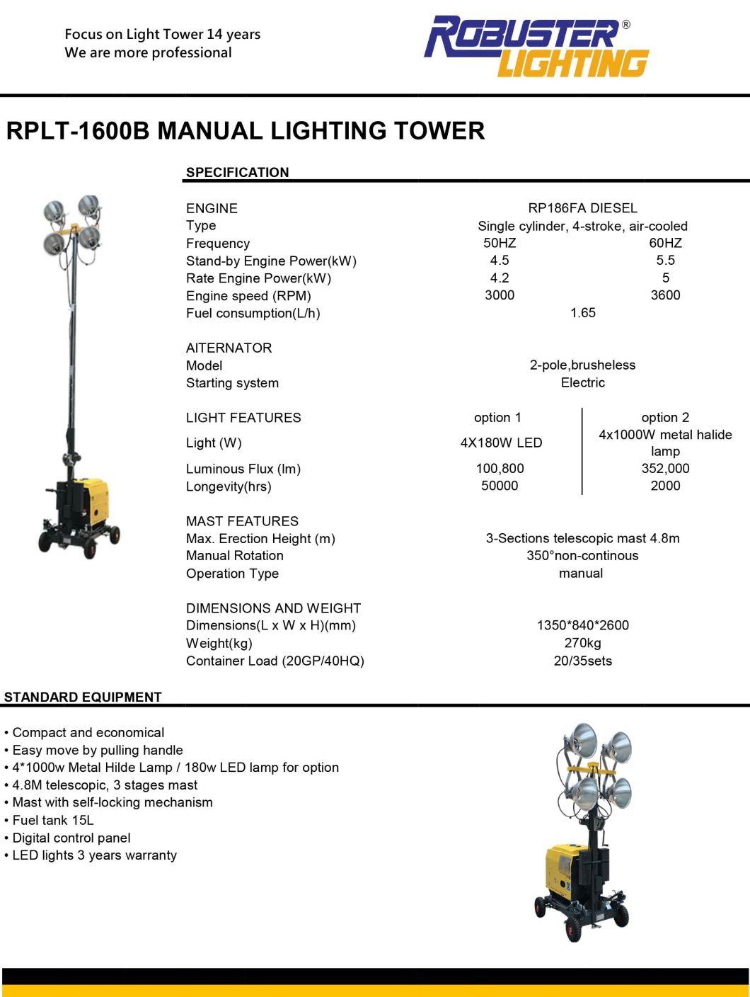 Mining 4X400W Generator Construction Mobile Emergency Light Tower