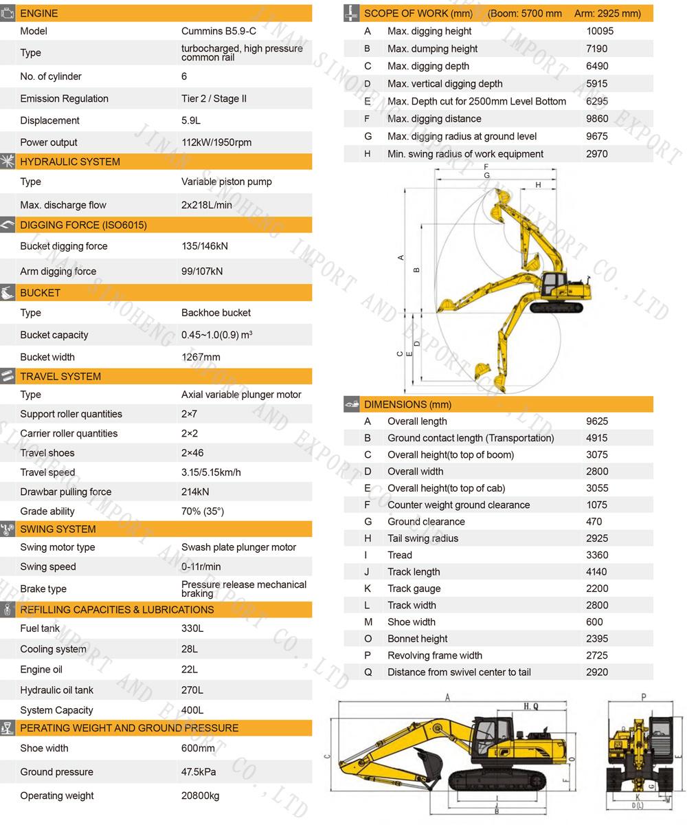 China Excavator Se210-9 Operating Weight 20800kg Medium-Sized