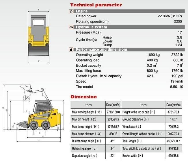 High Quality Mini Skid Steer Loader (HQ400) with CE