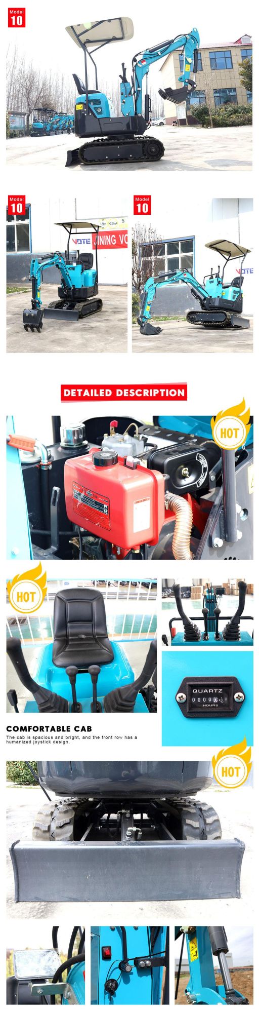 Jining Vote Vtw-10 New Mini Digger Hydraulic Mini Crawler Diesel Type Blue Small Excavator 1ton Price for Sale Hot