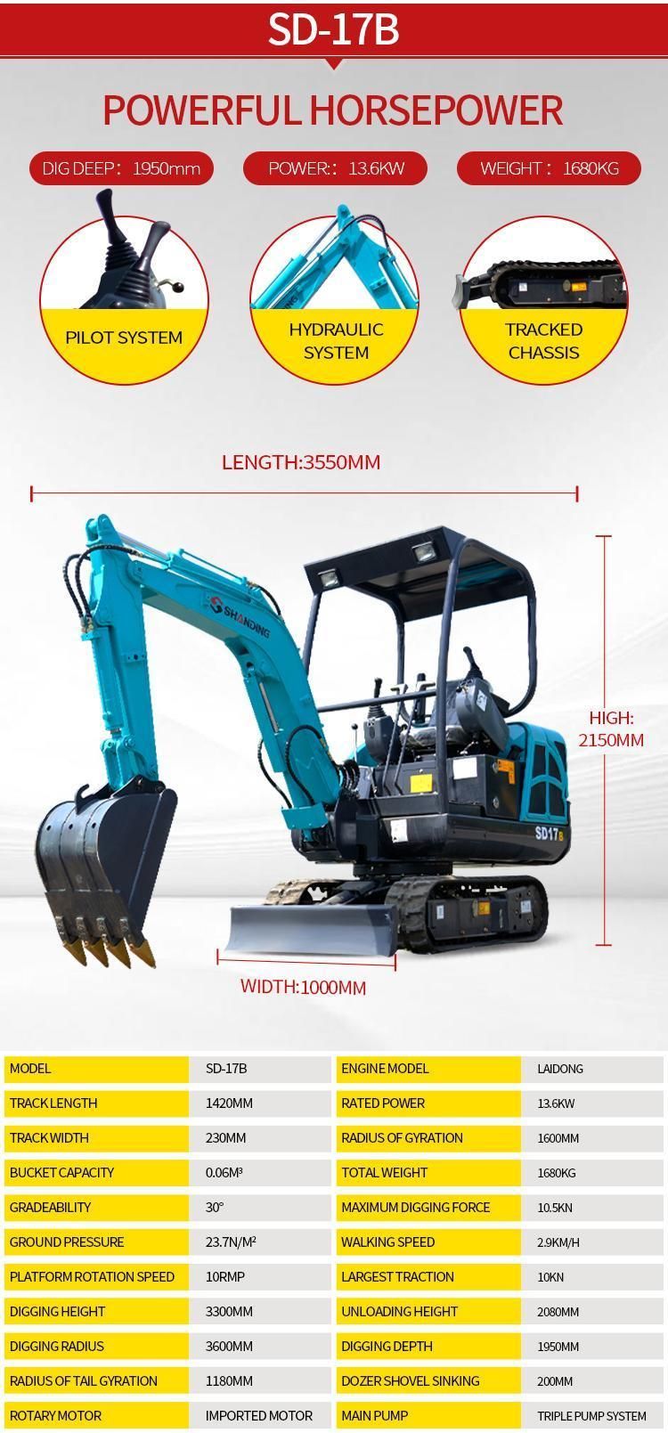 Shanding 600kg 1ton 2ton 3ton Mini Hydraulic Excavator Small/Mini/Micro Bagger with CE Certificate