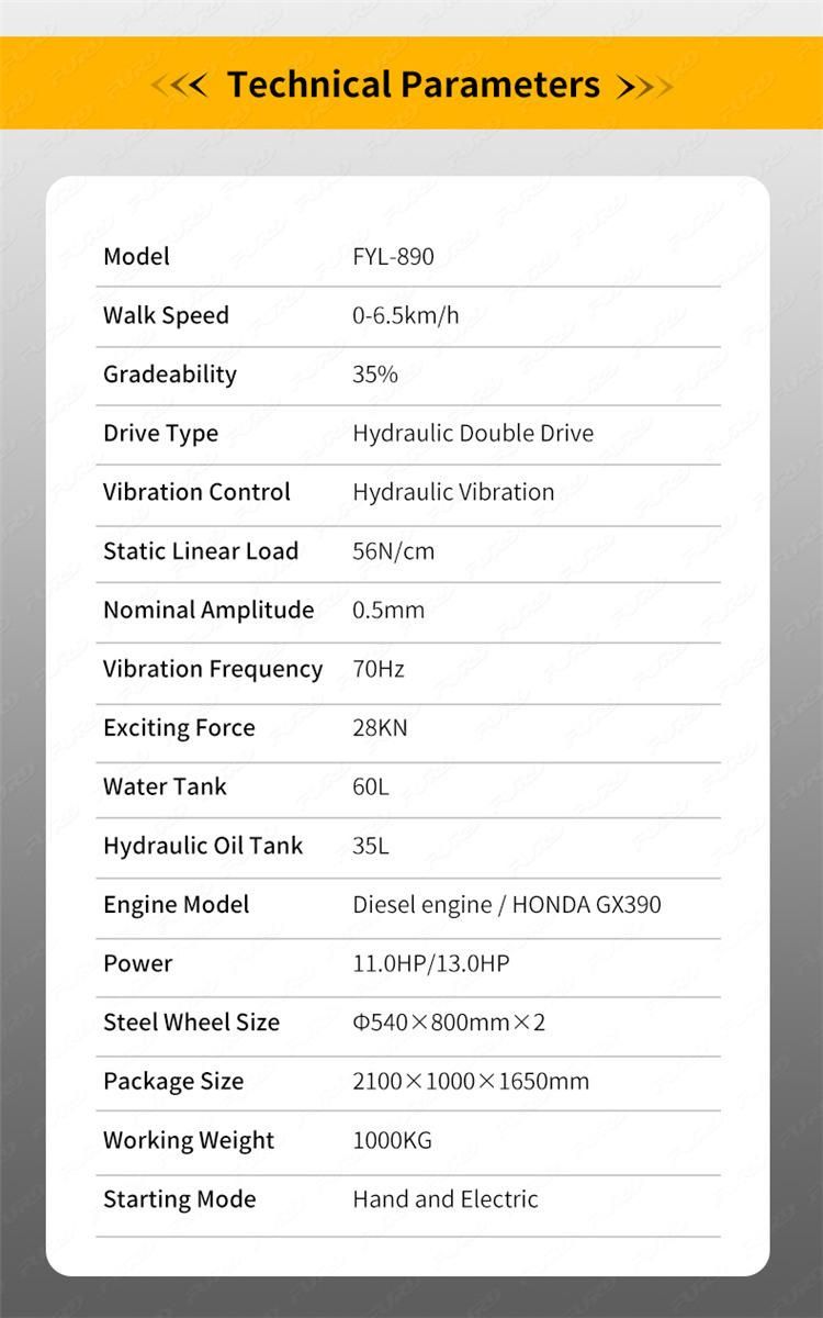 Fyl-890 1ton High Quality Small Vibration Double Drum Road Roller