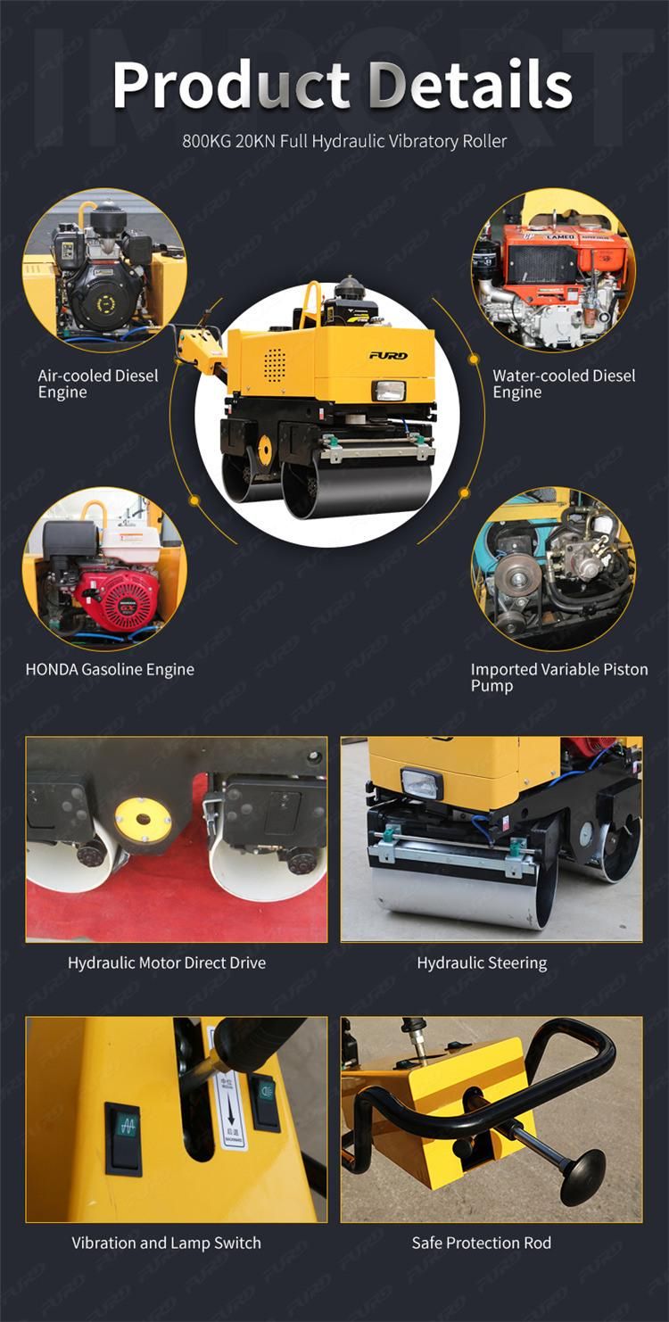 High Quality 800kg Walk Behind Double Drum Honda Gasoline Vibration Road Roller