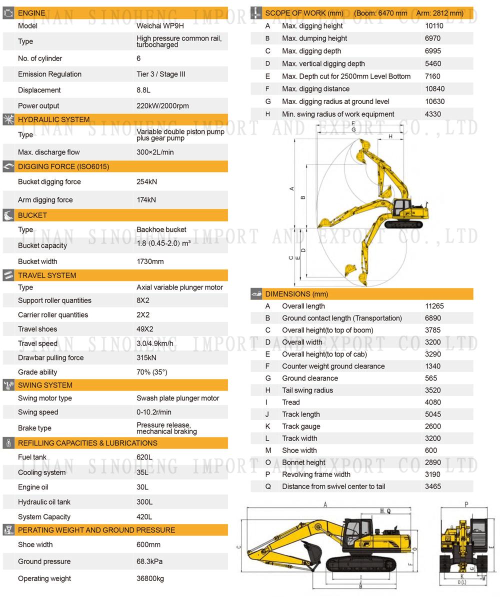 China Excavator Se370LC/W Large-Sized Operating Weight 36800kg