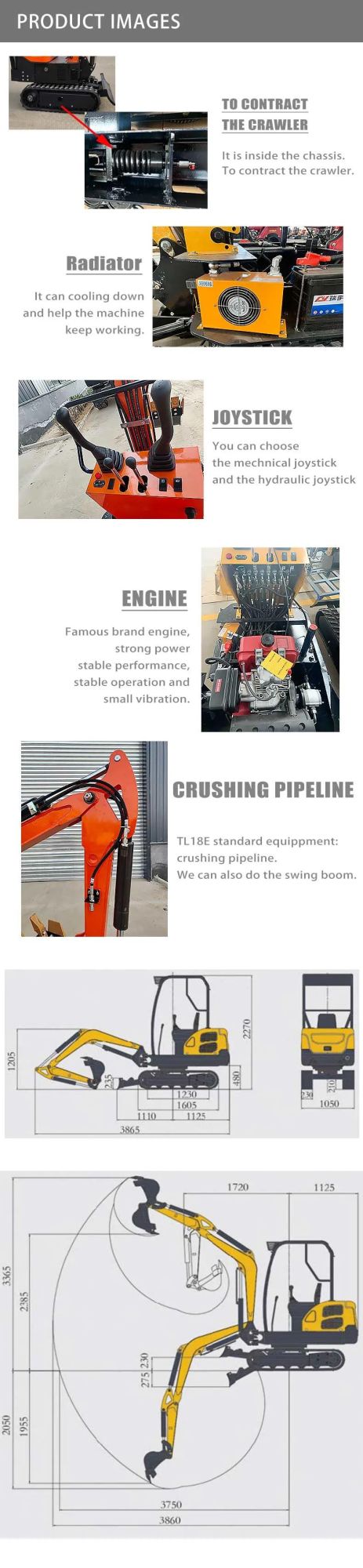 2.8km/H 0.06cbm TITANHI Nude in Container 3800*1050*2280mm bulldozer mini digger