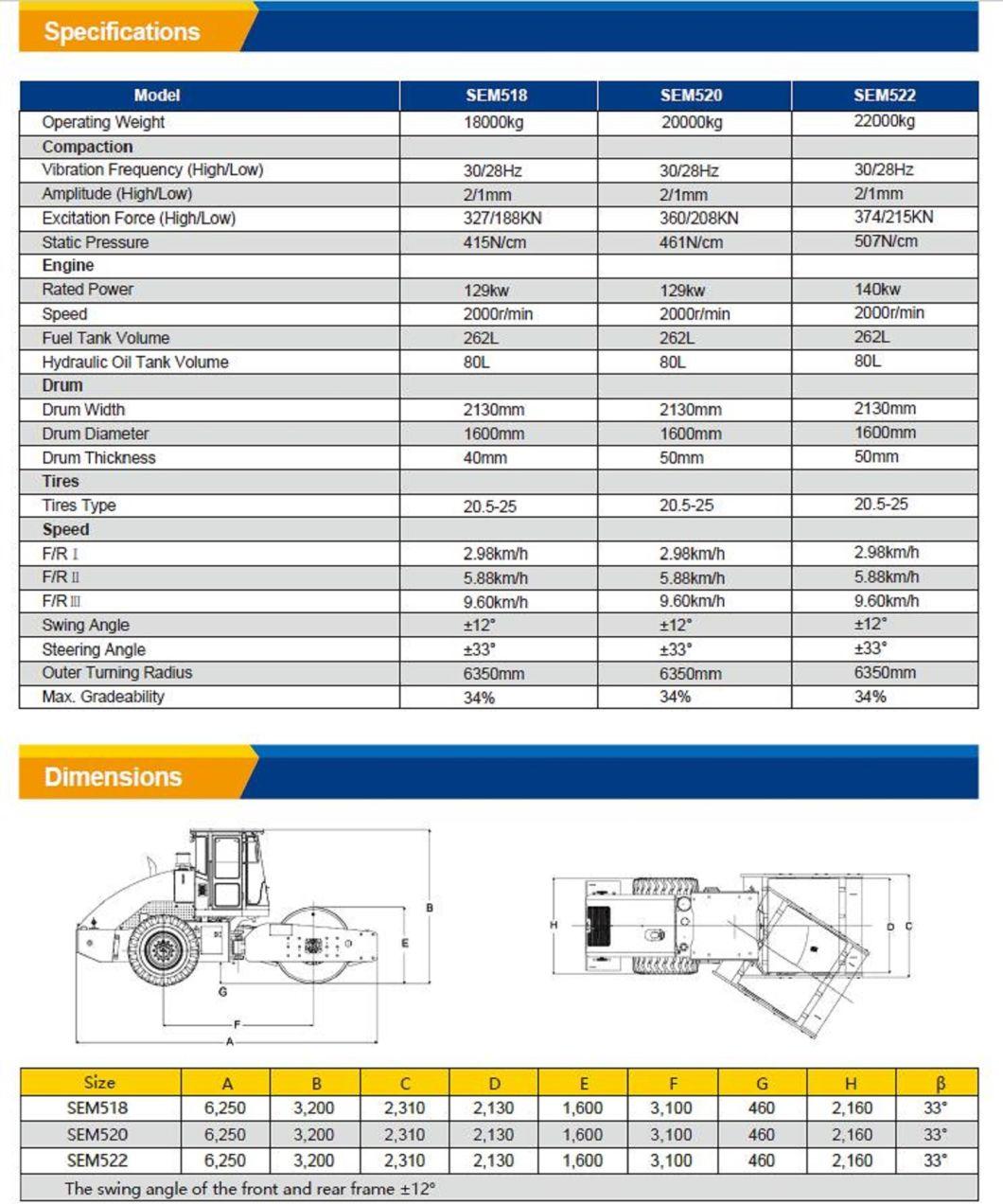 Single Drum Road Roller 20t Soil Compactor Sem520 20000kg Sem Brand