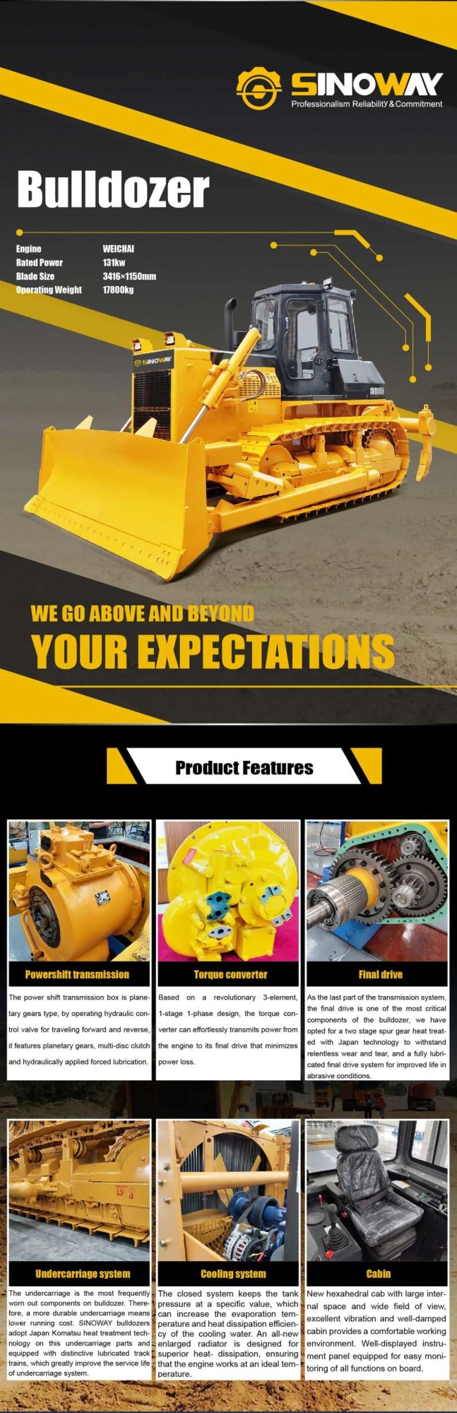 Good Performance Crawler Shove Bulldozer with 165 HP Weichai Engine