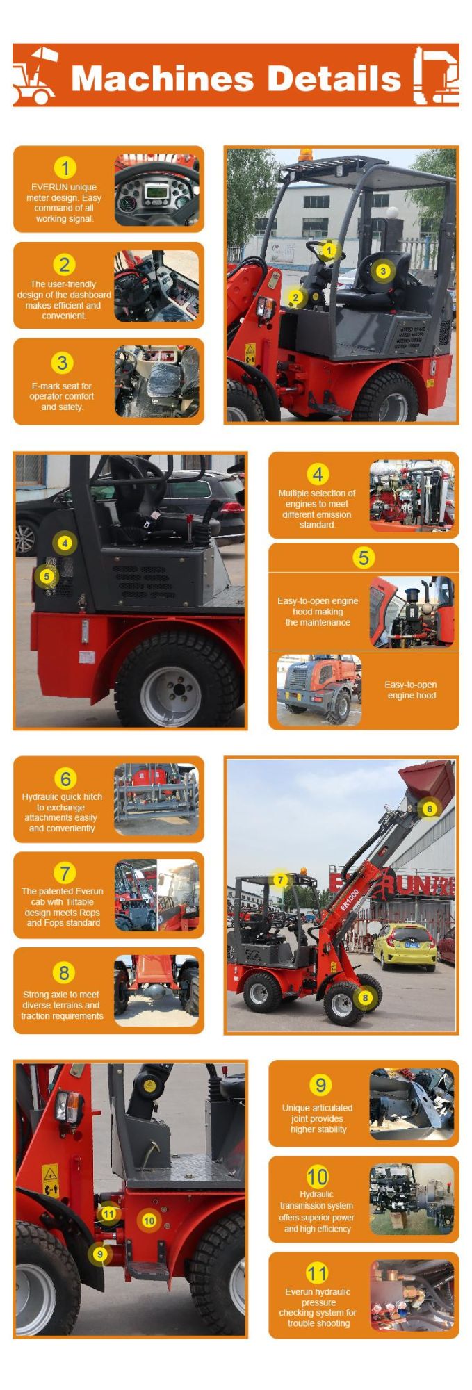 Chinese Everun China CE Er1000 1ton Front Multi-Attachment Four-Wheel Drive Compact Small Farm Construction Telescopic Telehandler Mini Wheel Loader for Sale