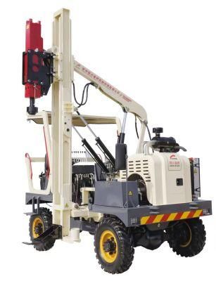 Four wheel driver hydraulic pile driver for guardrail installation
