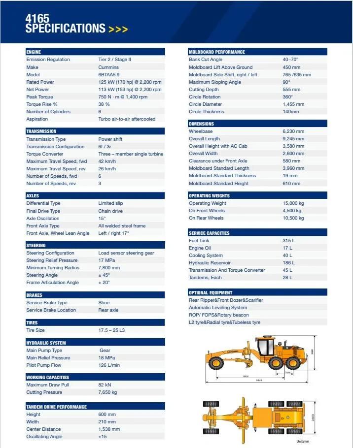 Liugong New Motor Grader 125kw for Sale Clg4165