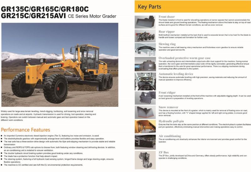Road Construction Machinery 205/214HP Mini Grader Gr215 with Cummins Engine