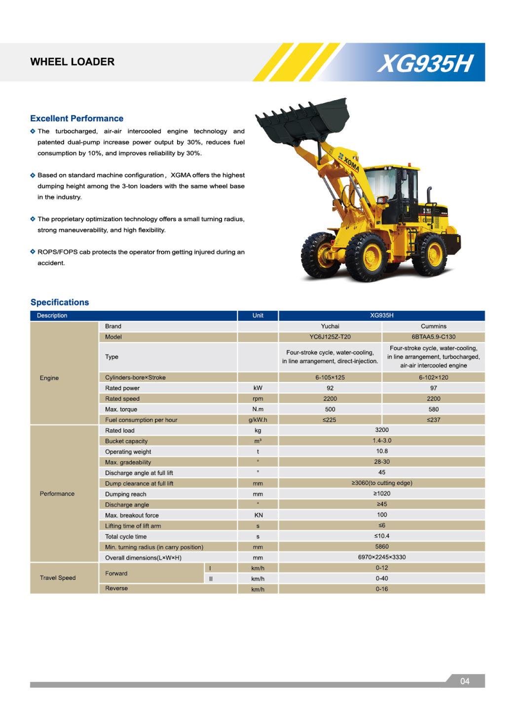 New 3.2 Ton Xg935h Hydraulic Articulated Small Wheel Loader with Best Price