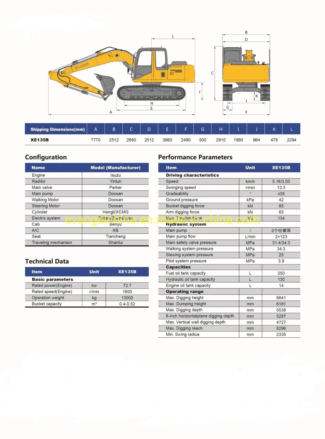 Medium Size 13ton Hydraulic Crawler Excavator Xe135b