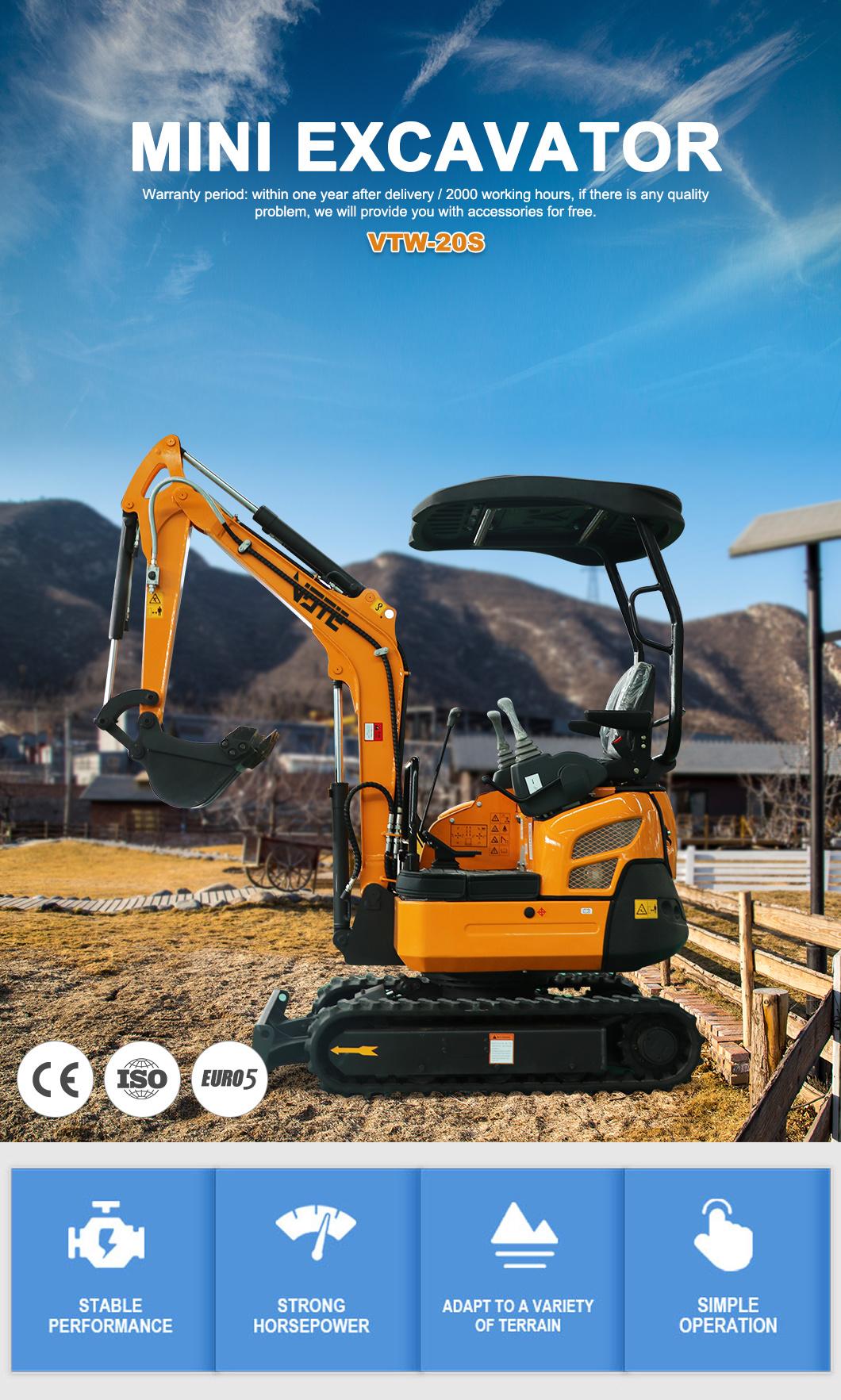 Zero Tail Hydraulic Mini Excavator 2 Tons 2000kg CE Approval Meet Euro V/EPA Emission Bagger Excavator with Various Attachments