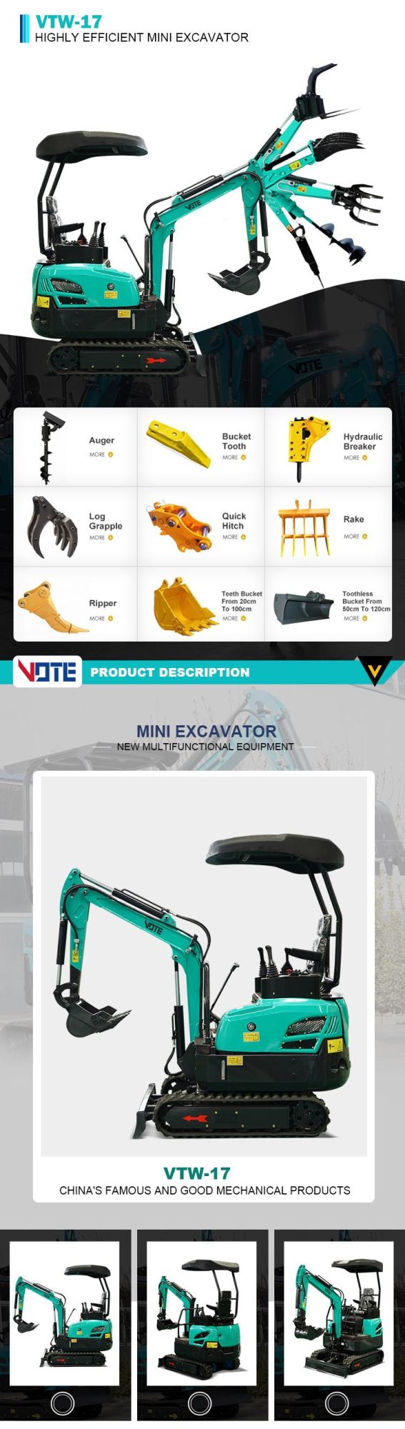 Vtw-17 Micro Excavator with Cab 360 Degree Rotation Mini Excavator with Cab 1700kg Mini Digger Price