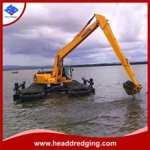 Amphibious Water King Dredger Cleaning The River or Swamp with Excavator Bucket and Cutter Head and Pile and Raking