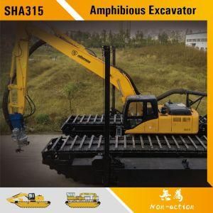 Amphibious Excavator with Auxiliary Pontoons