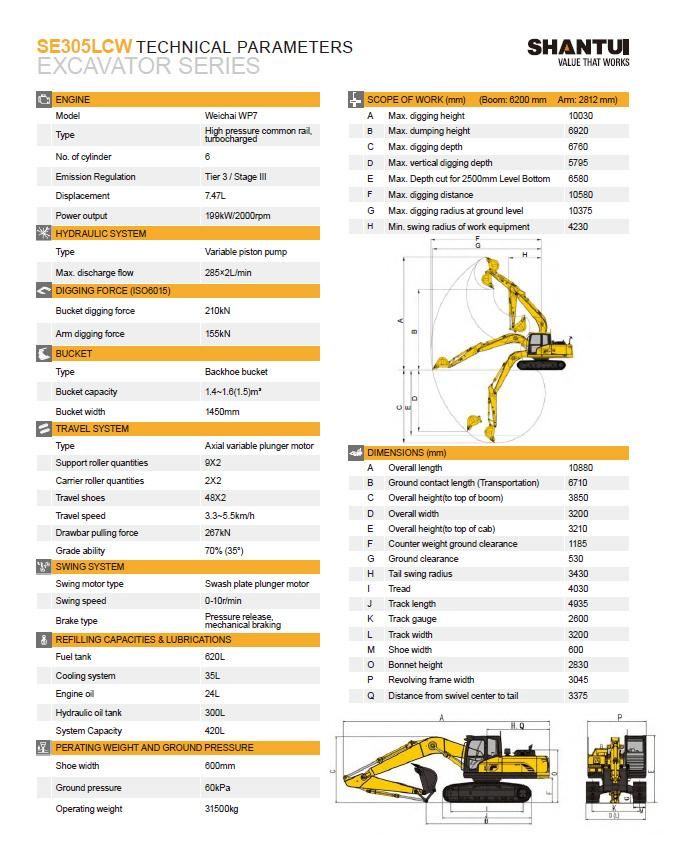 Cheap Shantui 30 Ton Excavator Digger Se305lcw Crawler Excavator