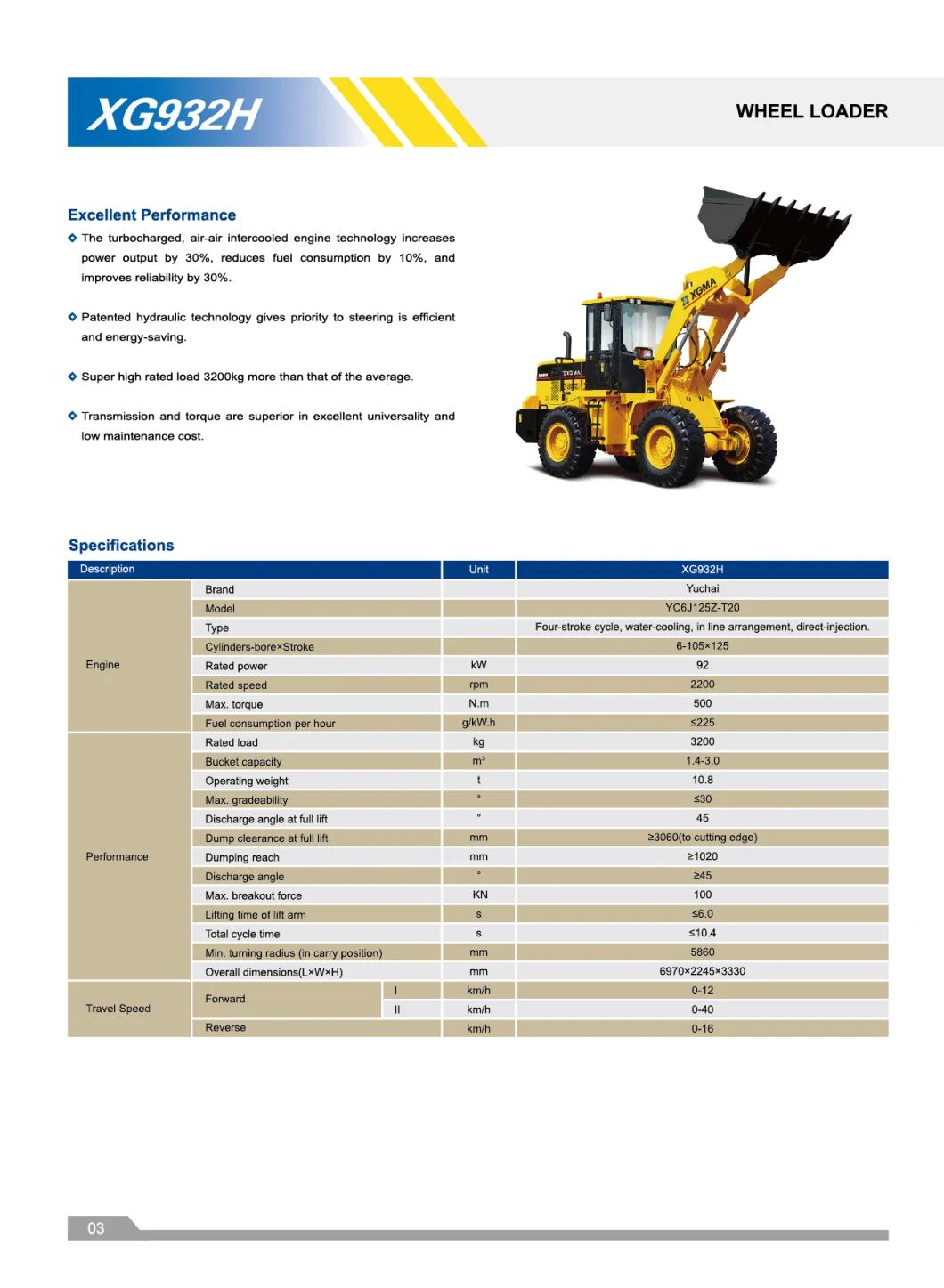 Hot Sale Xgma Supplier Povide Xg932h Wheel Loader and Spare Parts with Good Price