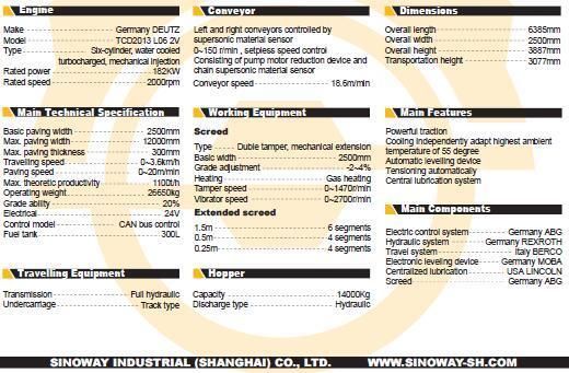 12m Asphalt Paver, Road Finisher, Road Paver, Road Construction Machinery