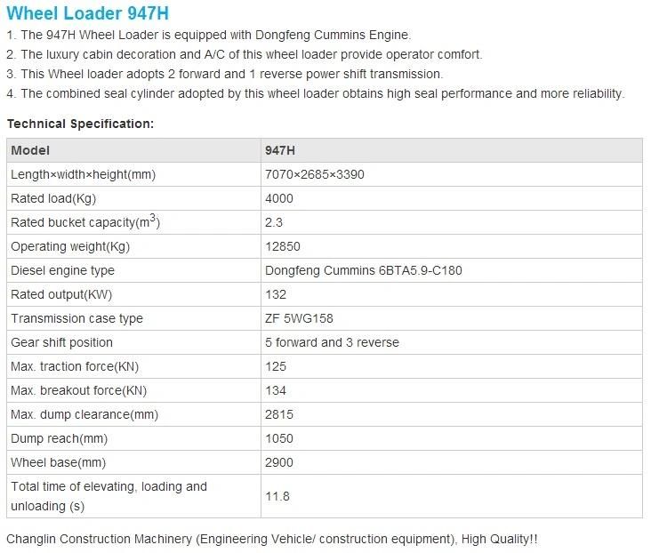 Sinomach Changlin Brand New 947h 4ton Wheel Loader