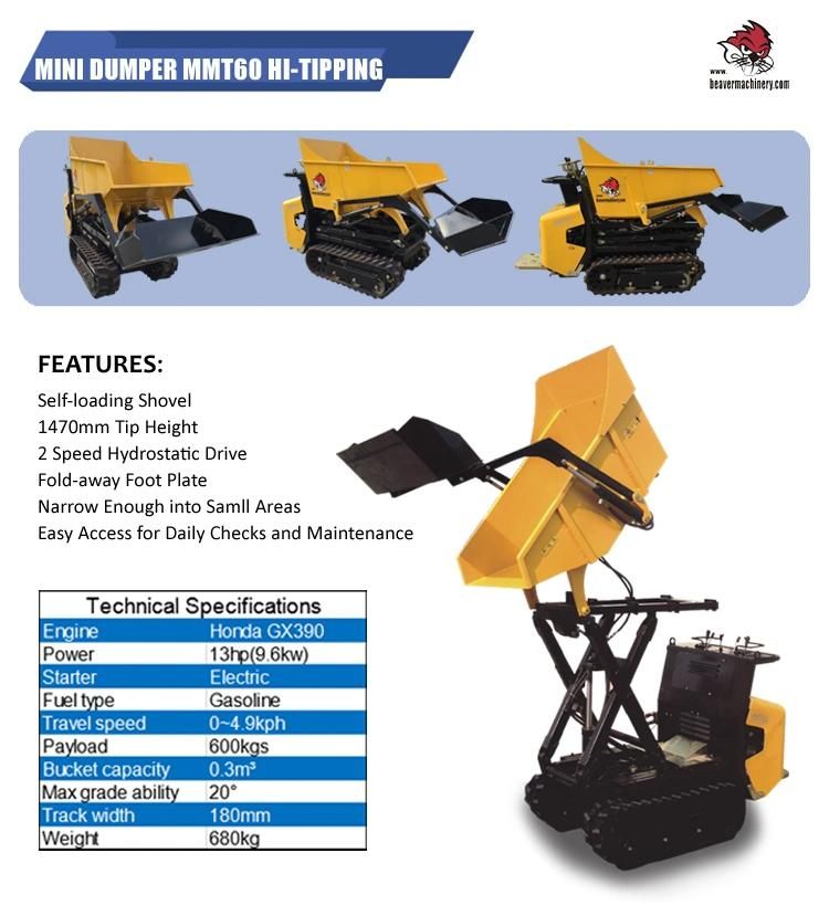 China Hot Sale Rubber Track Self-Loading Mini Dumper