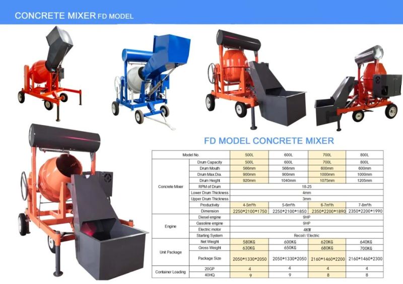 500L-800L Self Loading Concrete Mixer with Hydraulic Hopper with/Without Water Tank Diesel Gasoline Electric Engine