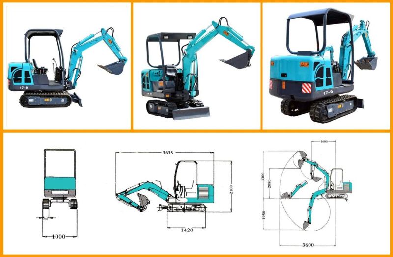 1.7 T Small Backhoe Digger Fw17-9 Mini Hydraulic Pump Rubber Crawler Track Excavators Cheap Price for Sale