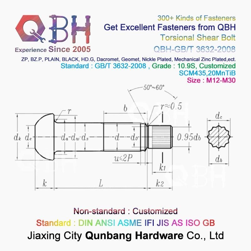 Qbh Customized Torsional Shear Tension Control Tc Bolt Nut Washer Railway Rairoad Hoisting Machinery Steel Structure Spare Unit