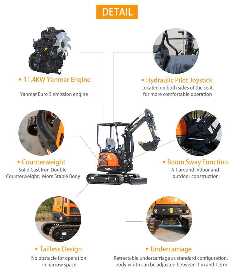 Shanding Mini Excavators 2 Ton with Boom Swing with Crawler Stretch EPA and Europe 5 Standard