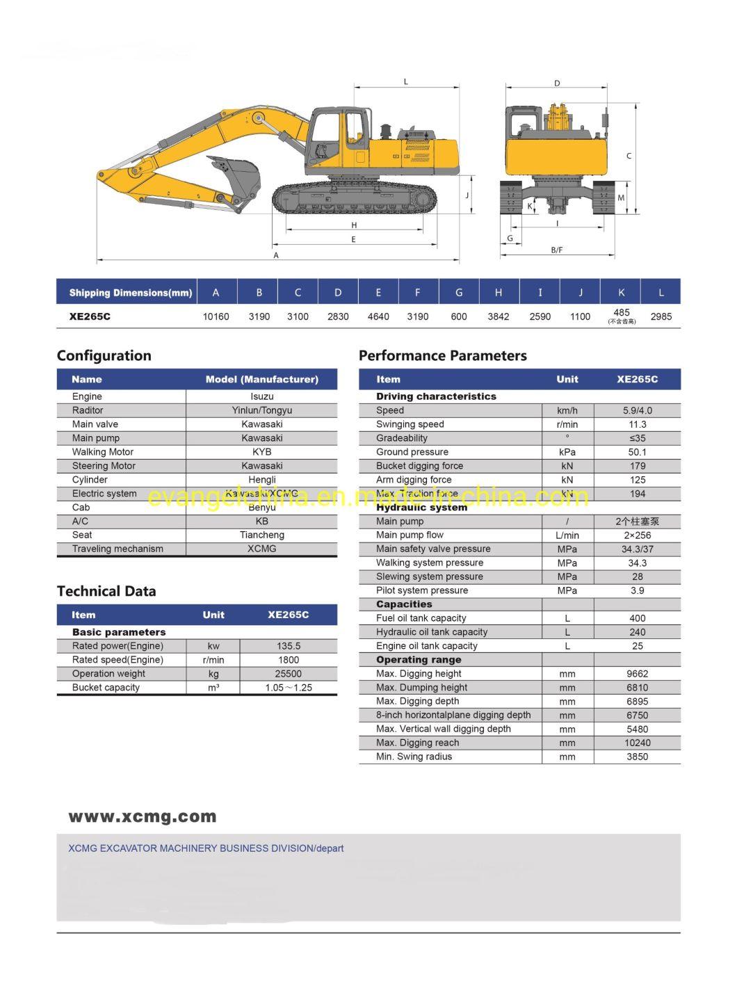 25.5ton Crawler Excavator Xe265c with 1.05 to 1.25m3 Bucket