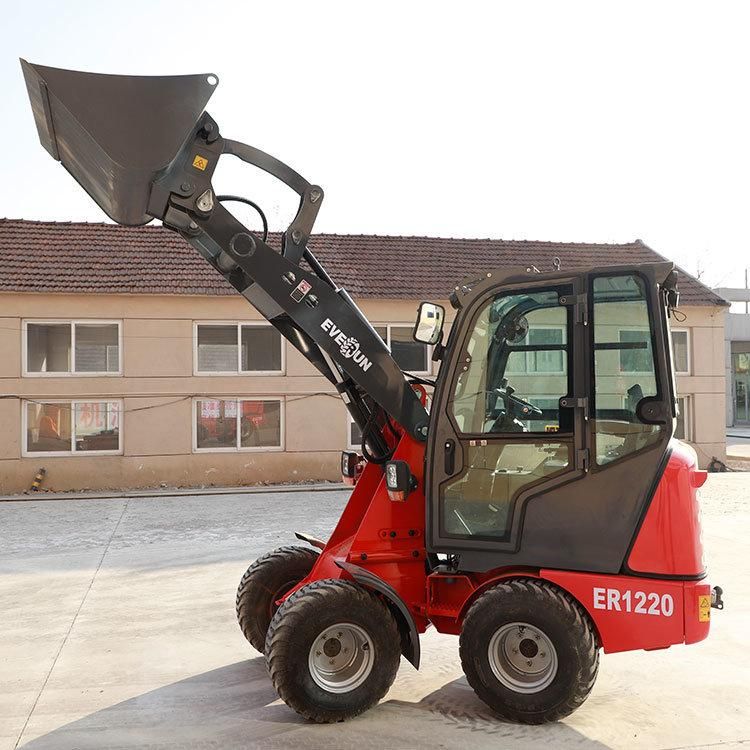 EVERUN ER1220 with cabin 1100kg CE Certified Farm construction Machinery articulated terrain Bucket Shovel Chinese hydraulic small Mini wheel  loader  for sale