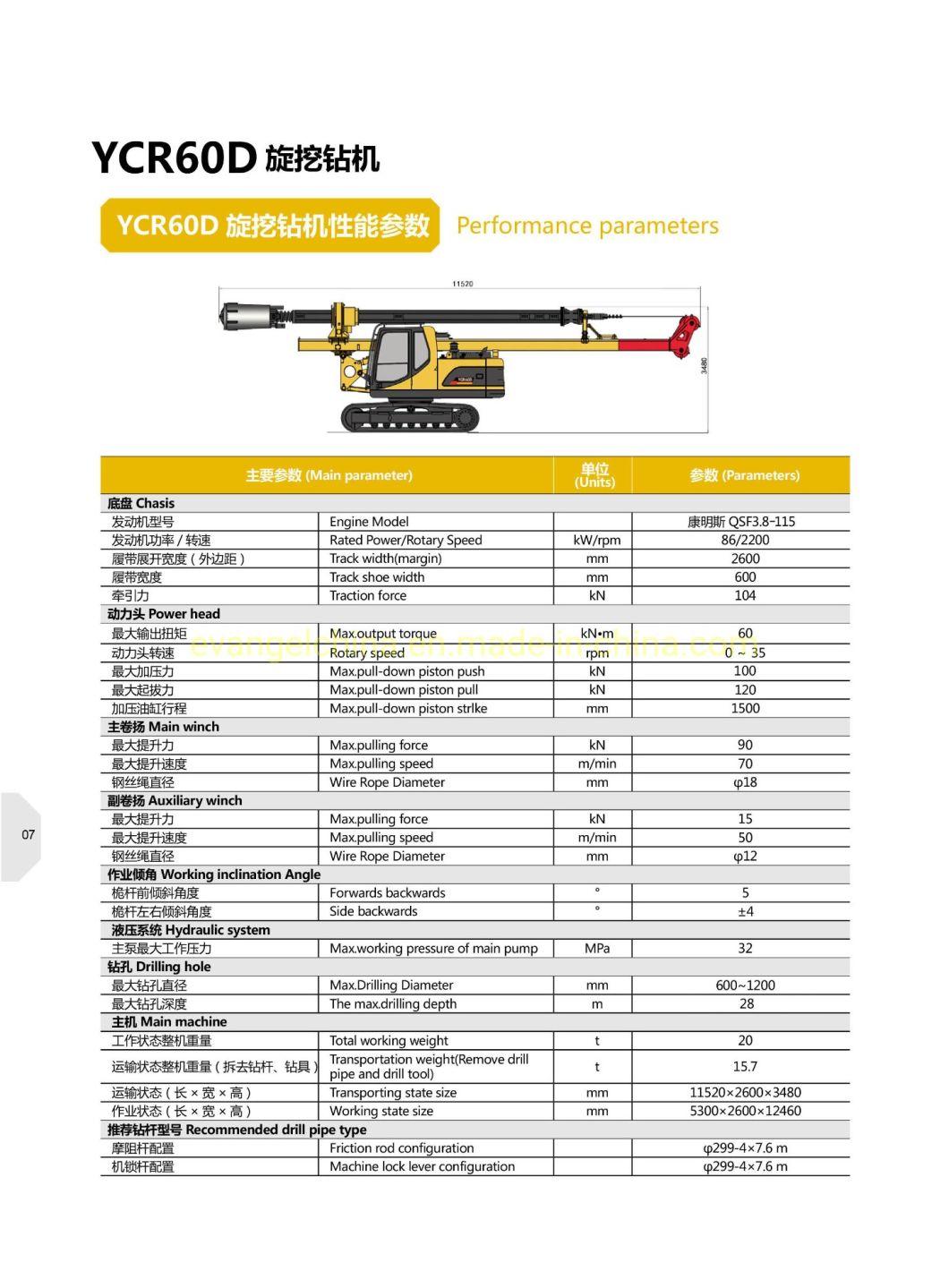 600~1200mm Diameter Small Rotary Drilling Rig Ycr60d with Max Depth 28m